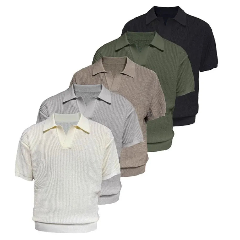 Men's loose fit polo shirt in ice silk fabric showing creamy-white, black and grey colour options