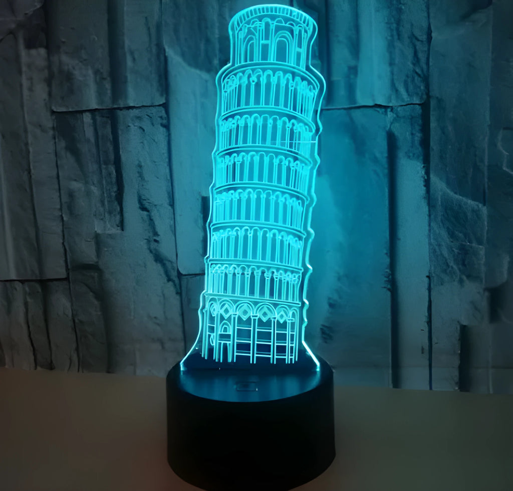 Leaning Tower of Pisa 3D acrylic night light with multi-colour LED glow on a black ABS base.