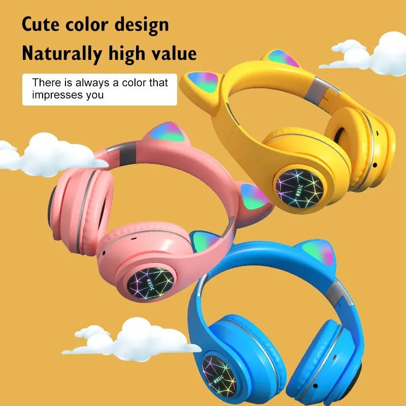 Cat ear wireless Bluetooth sports headset in various colours showing head-mounted design