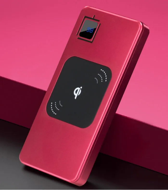 Alloy mobile power bank with LCD display showing capacity available in black silver red and blue