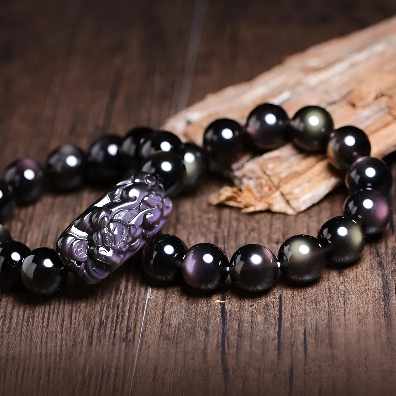 Natural obsidian crystal Pi Xiu bracelet with geometric beads in ice stone colours
