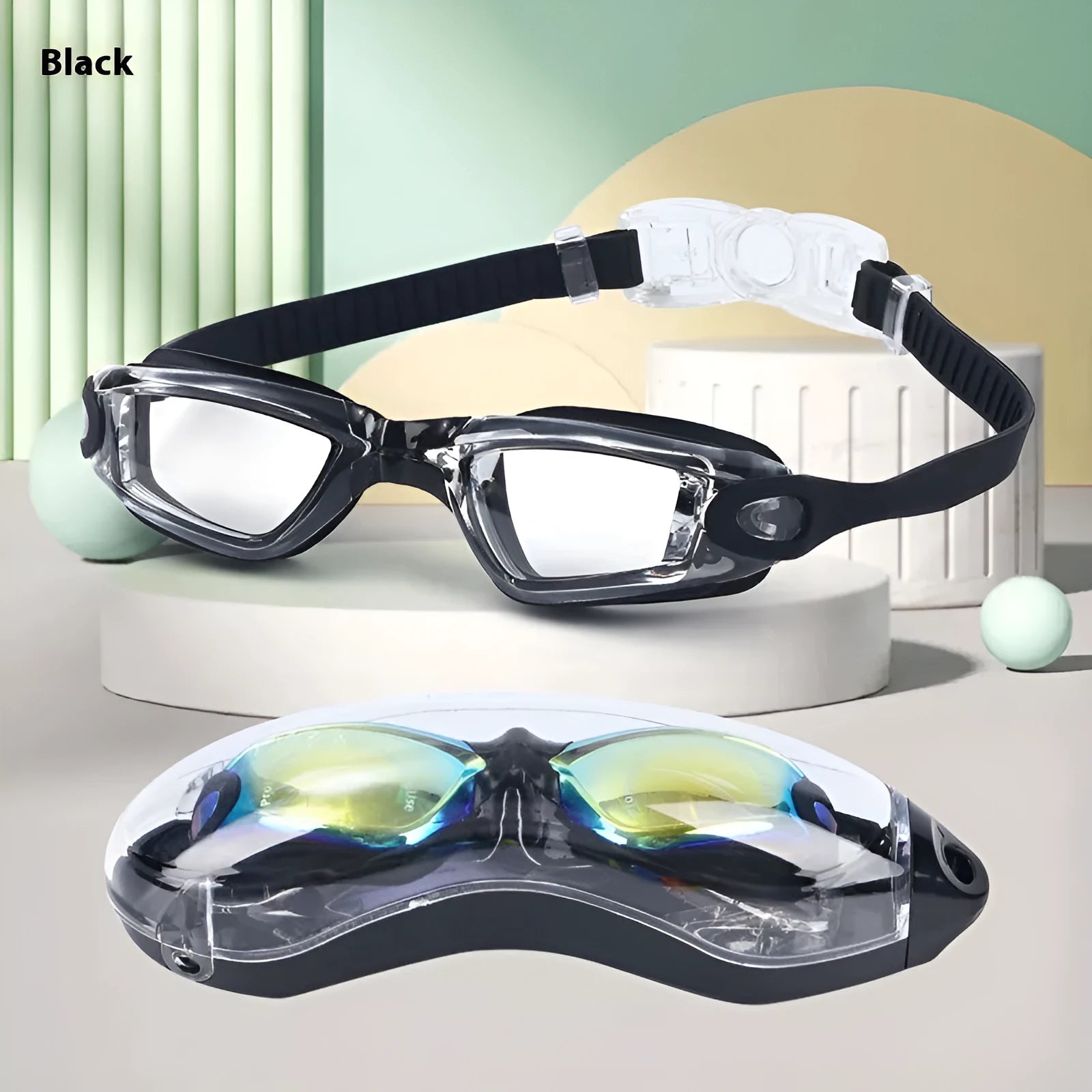 Children's large frame anti-fog swimming goggles in blue with silicone straps and glasses case