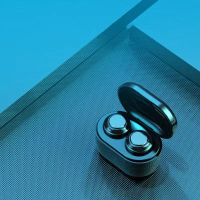 Black stereo Bluetooth earplug headset with NFC logo and power display