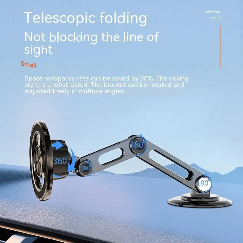 All-metal magnetic car phone holder in black, mounted on a car dashboard, holding a mobile phone.