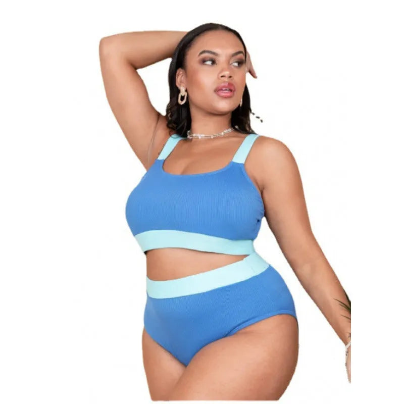 Women's solid colour high-waisted bikini set with split briefs on a white background.
