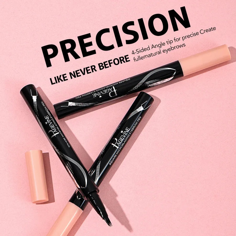 Four-fork waterproof sweatproof eyebrow pencil in black packaging with colour options Caramel Blonde, Mocha, Slate Brown, Black