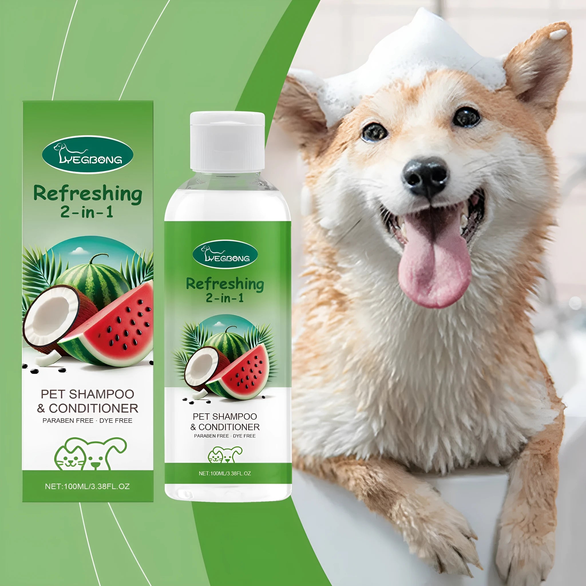 Pet 2-in-1 shampoo shower gel bottle measuring 3.8cm × 12.8cm containing 100ml of grooming product