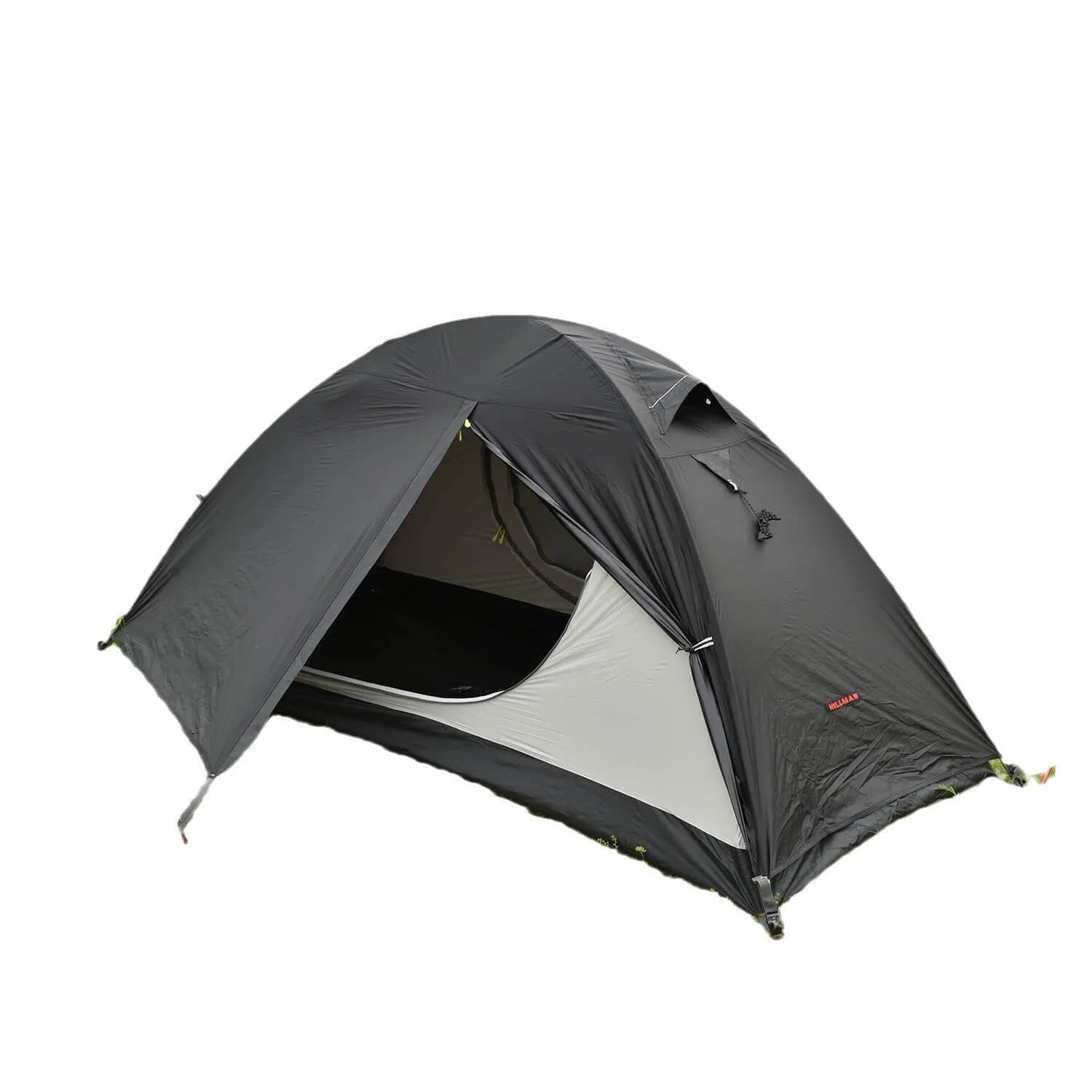 Black single person hiking tent with aluminium poles pitched outdoors, showing double-layer design.