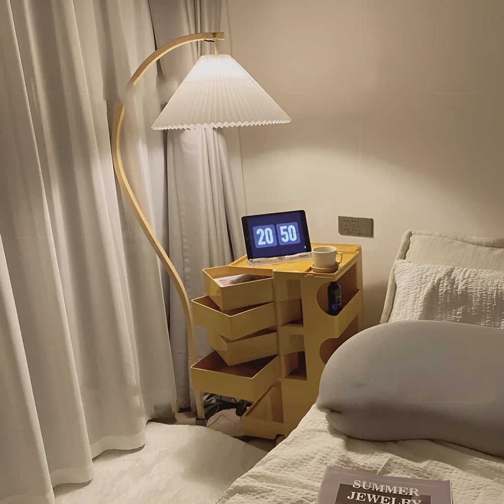 Vertical retro bedside table lamp with sofa edge design showing white and wine red colour options