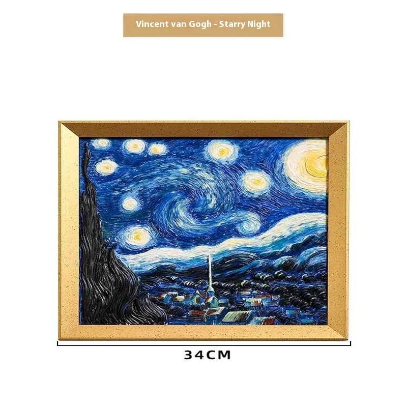 DIY paint by numbers kit showing Van Gogh's Starry Night canvas with acrylic paints and brushes