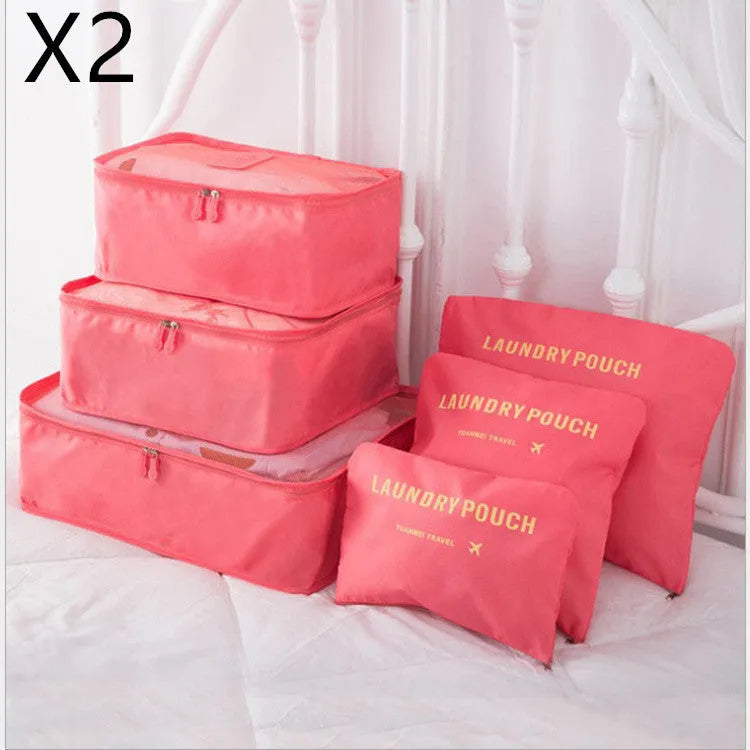 6 piece polyester travel storage bag set in hand bag type shape for clothes and cosmetic organisation, various colour options
