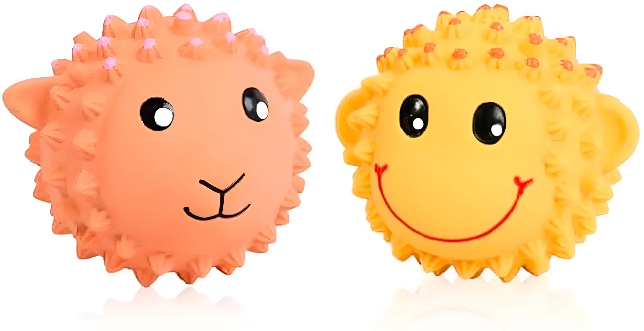 Orange and yellow spiky latex dog toy shaped like an animal with a squeaker inside