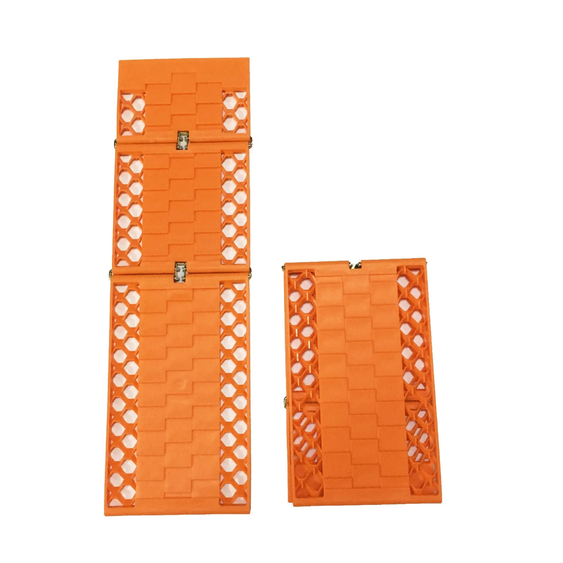 Orange folding rescue boards for vehicle recovery in mud and snow conditions