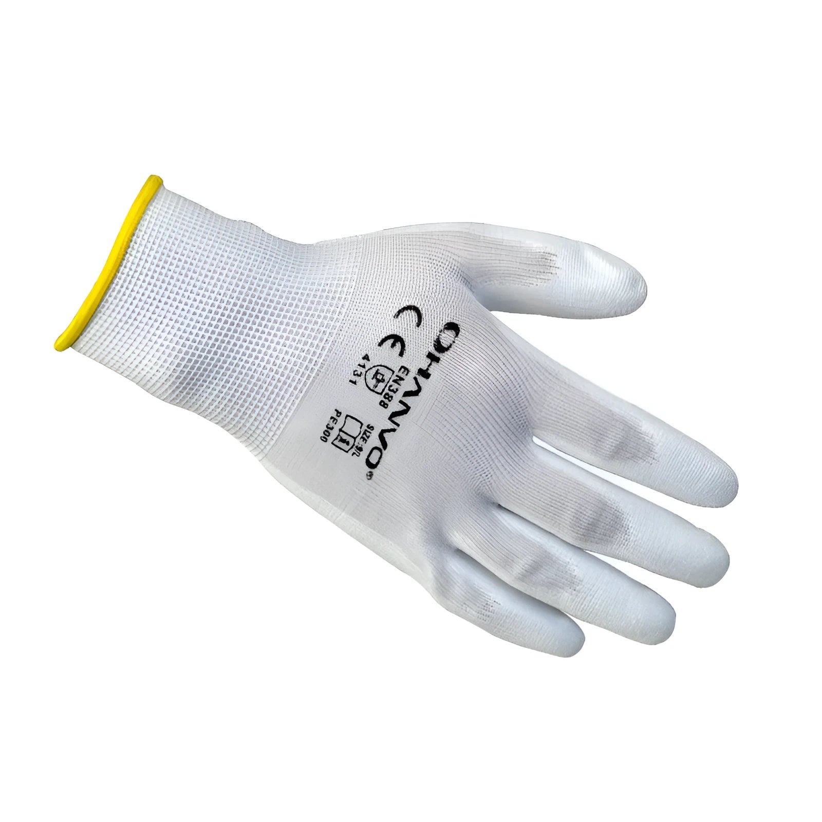 White PU coated work gloves showing flexible construction and 24cm length
