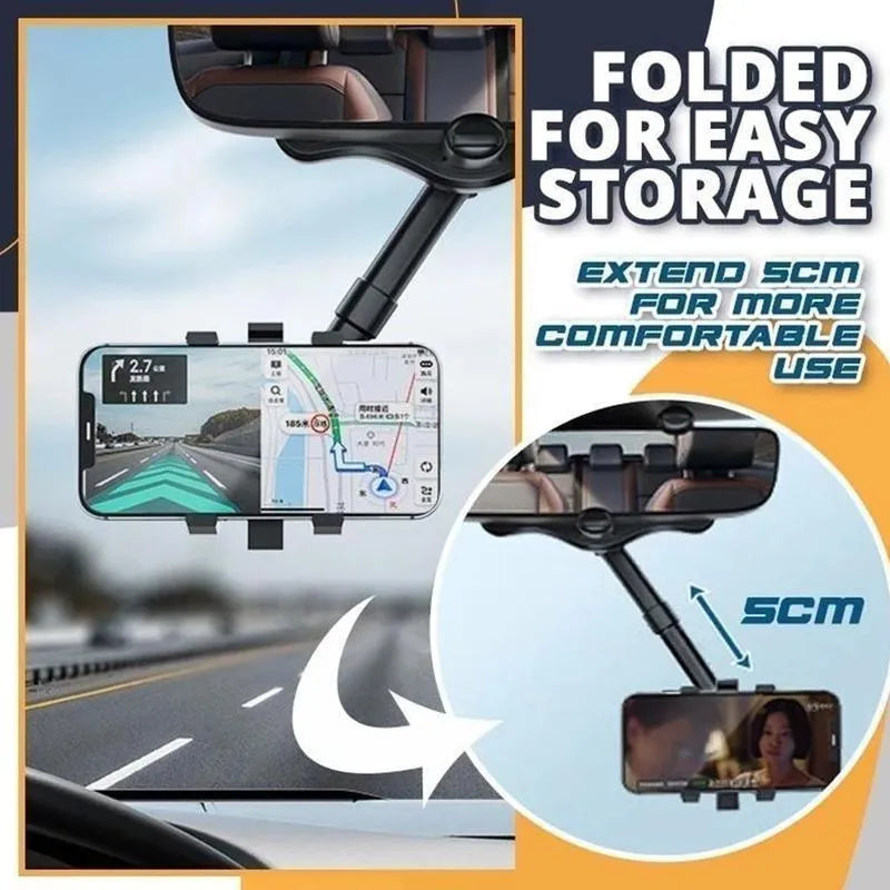 Black rearview mirror car phone holder with retractable arm and 360-degree rotating phone clip.