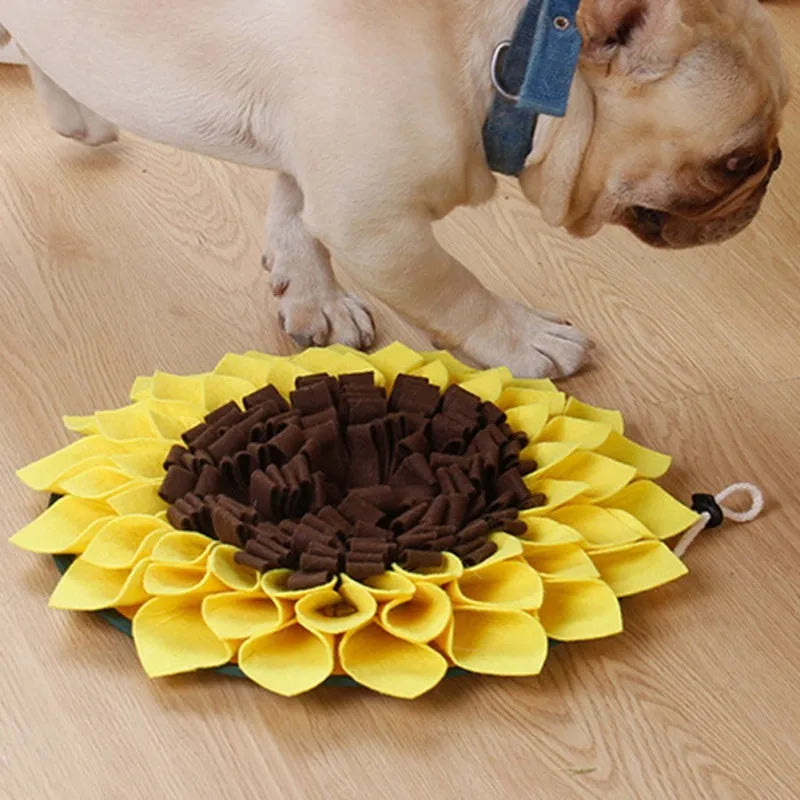 Yellow sunflower-shaped dog snuffle mat with rope and buckle for hanging or fixing
