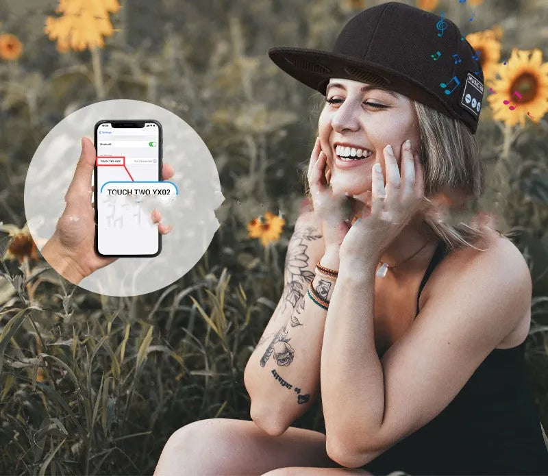 Wireless Bluetooth audio baseball cap in navy blue with built-in stereo headphones for music and calls