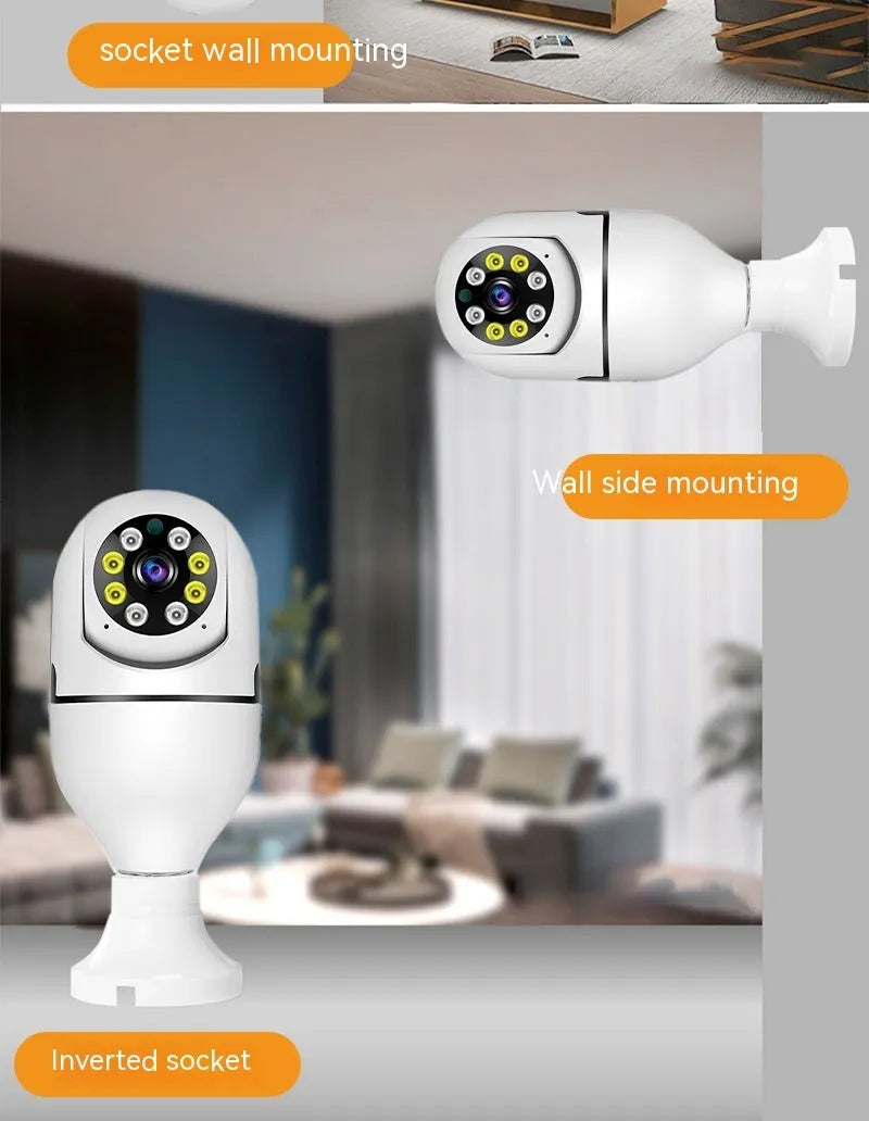 Wireless bulb camera with plastic and metal housing measuring 5cm by 12cm for indoor and outdoor monitoring