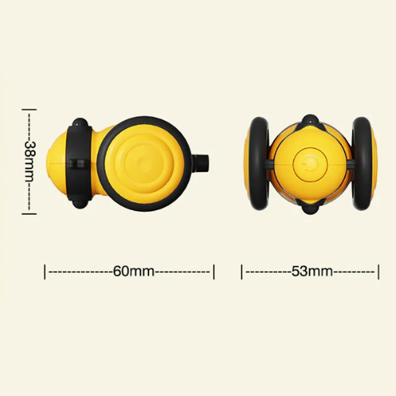 Pink and yellow bee-themed electric cat toy with feather attachment on floor