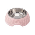 Blue stainless steel pet bowl with non-slip base on a floor