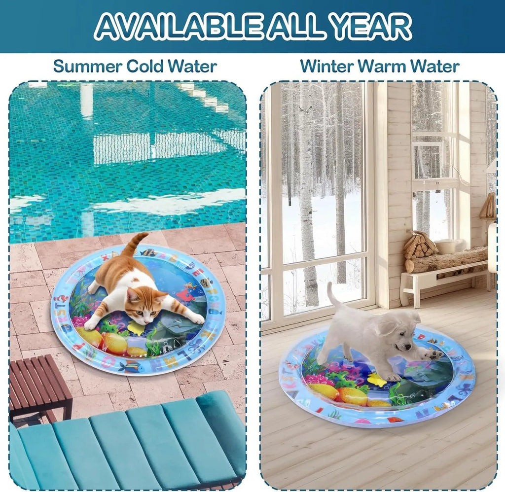 Square blue water playmat for cats and dogs with floating fish toys inside.