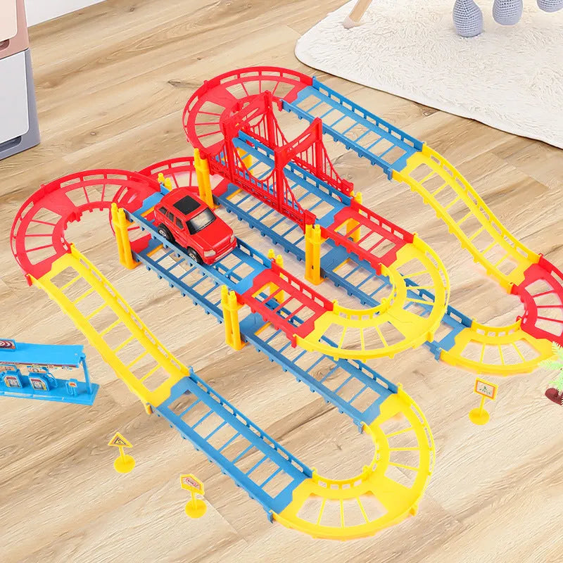 Electric high-speed rail toy set in grey on a surface showing train on track, packed size 30.5 x 8 x 22cm
