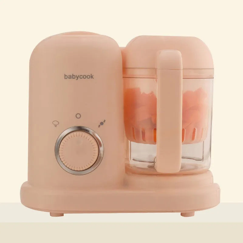 Green baby food processor with steamer and blender functions, double mixing blades