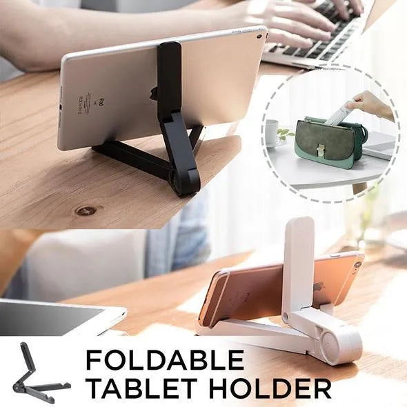 Foldable tablet holder in black showing both folded flat and opened positions with smartphone mounted