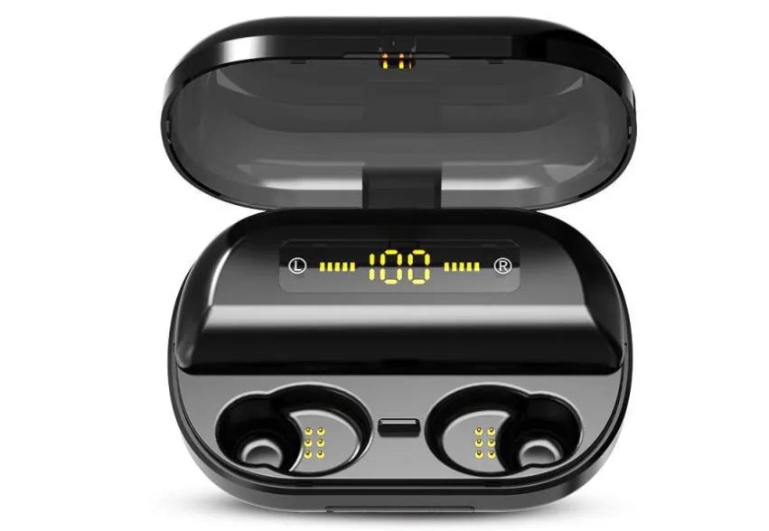 V11 Bluetooth true wireless earbuds in charging case with digital display, black and white options
