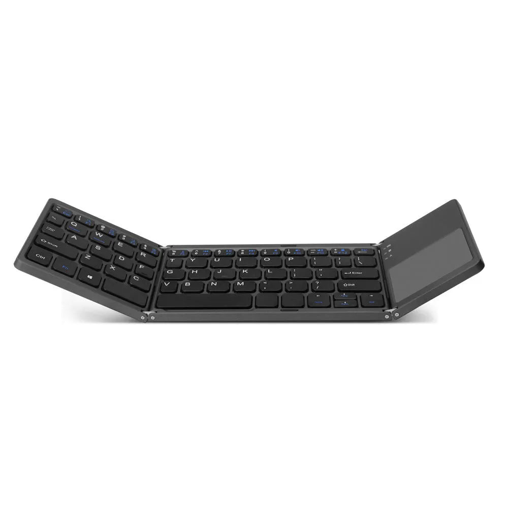 Black tri-fold folding Bluetooth keyboard with touchpad, shown both folded and unfolded next to a mobile phone.