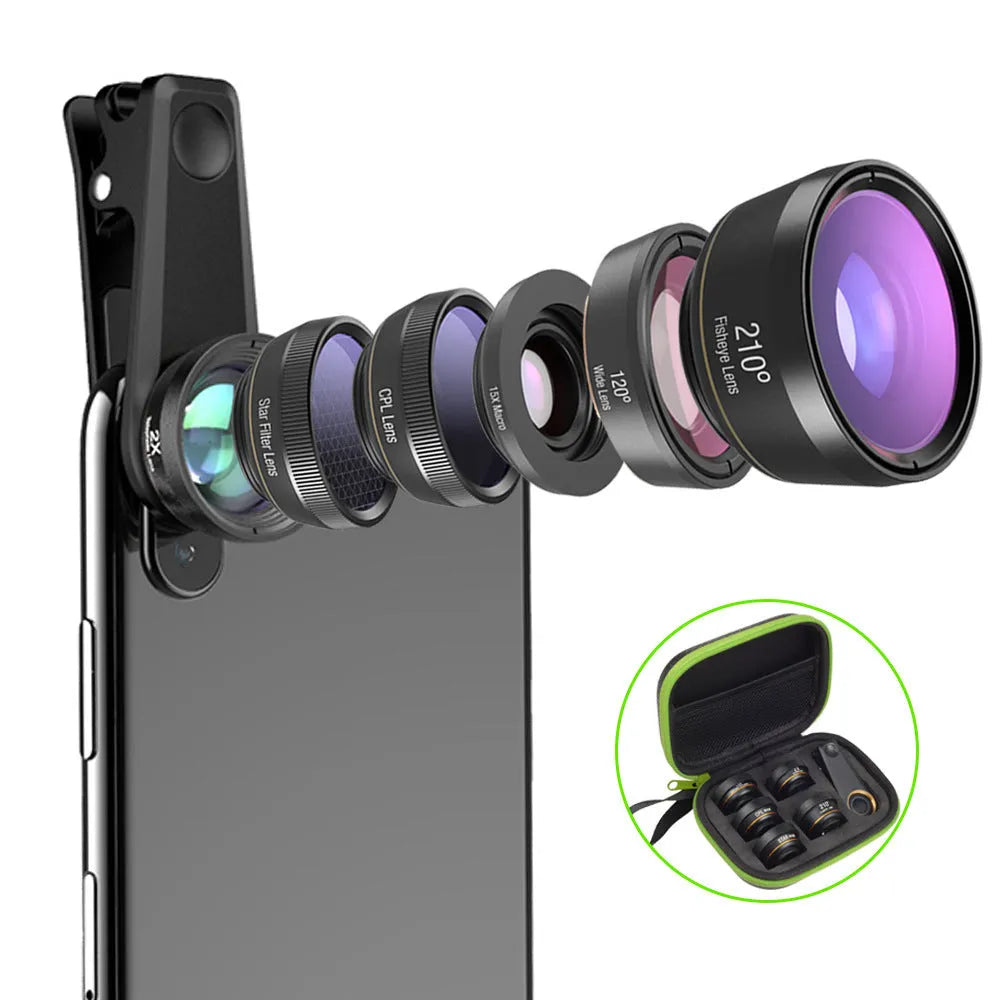 Black 6-in-1 smartphone camera lens kit with fisheye, wide angle, macro, telephoto lenses and universal mounting clip