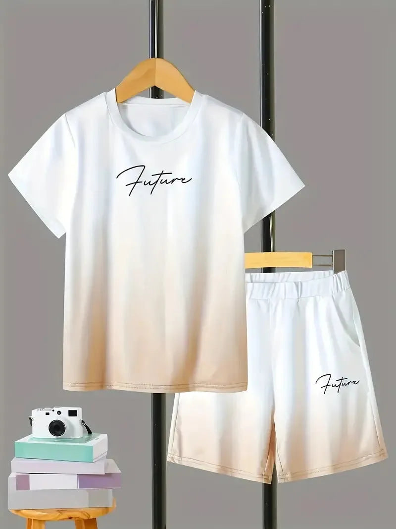 Boys' short sleeve cotton blend t-shirt and shorts set with animal pattern, available in multiple colours