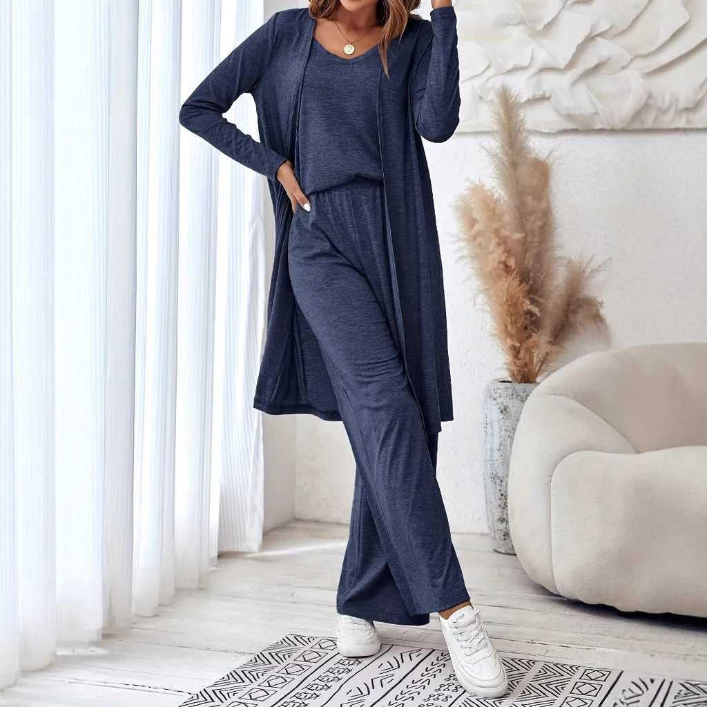 Blue women's three-piece casual suit with trousers, sling top, and long cardigan in Japanese Korean style