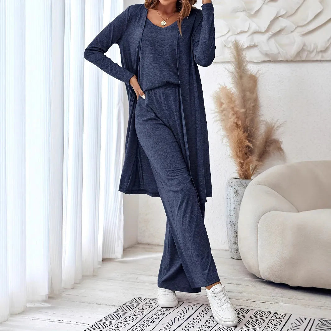 Blue women's three-piece casual suit with trousers, sling top, and long cardigan in Japanese Korean style