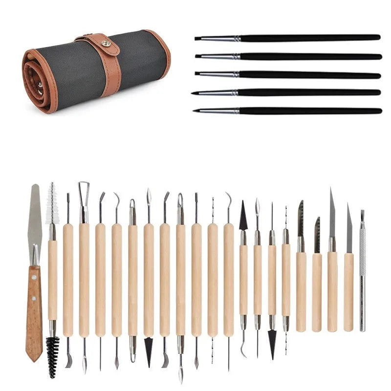 Brown OPP bag containing 27-piece pottery tool set with stainless steel, wood, and plastic sculpting implements.