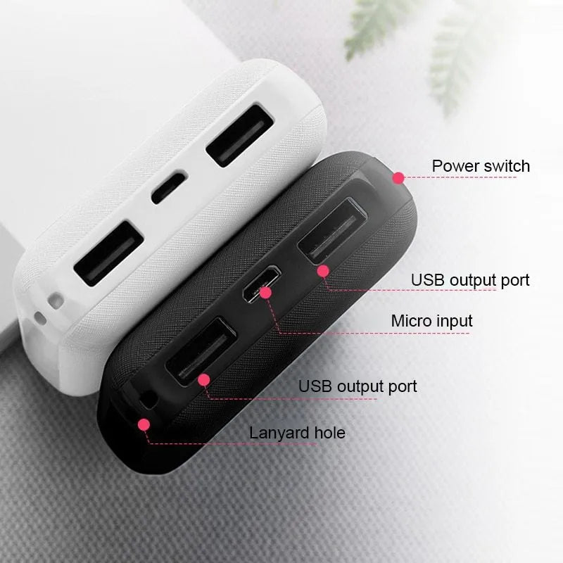 Black and white ultra-thin 10,000mAh power bank showing multi-U port output and compact 90x63x22mm dimensions