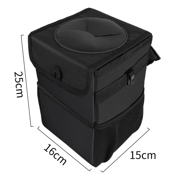 Black Oxford cloth car trash can with hanging strap, mesh pockets, and Velcro lid
