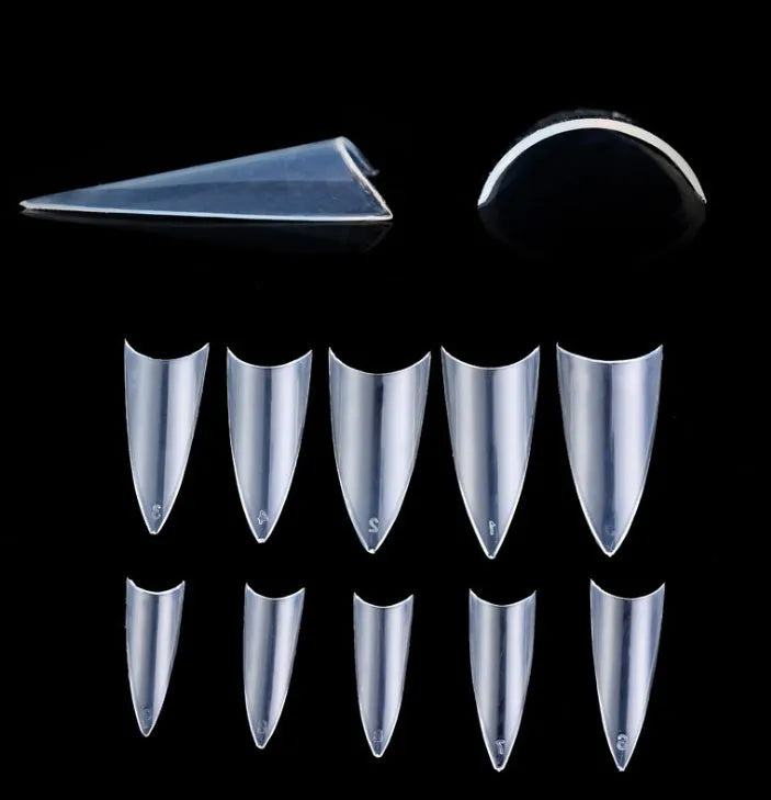 500 natural fake nail tips ABS half-tip pointed shape 10 sizes 7-13mm width
