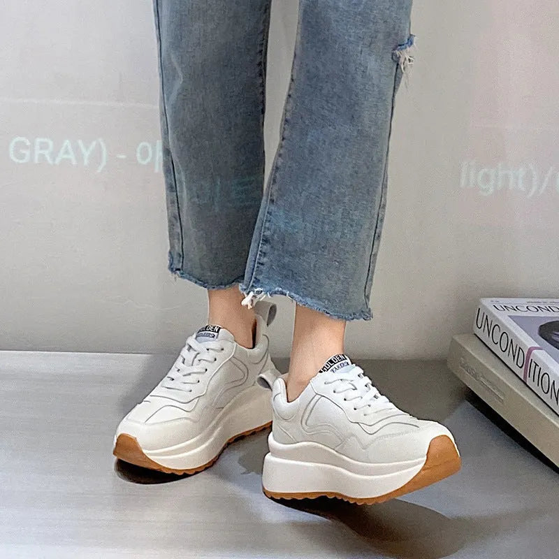 Women's white cowhide leather casual sports shoes with English muffin heel and cross strap front lace-up