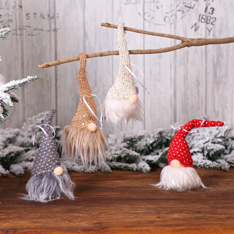 Handmade Swedish gnome LED Christmas tree ornament with warm light, yarn plush body 8x20cm beige colour