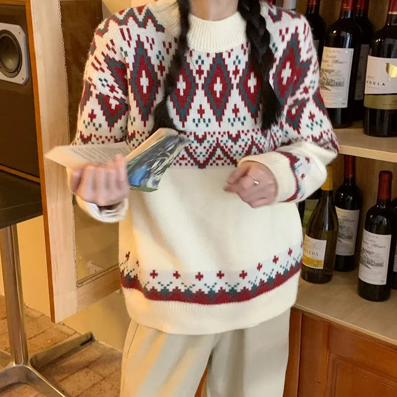 Striped retro style pullover knitted top with long sleeves in red colour