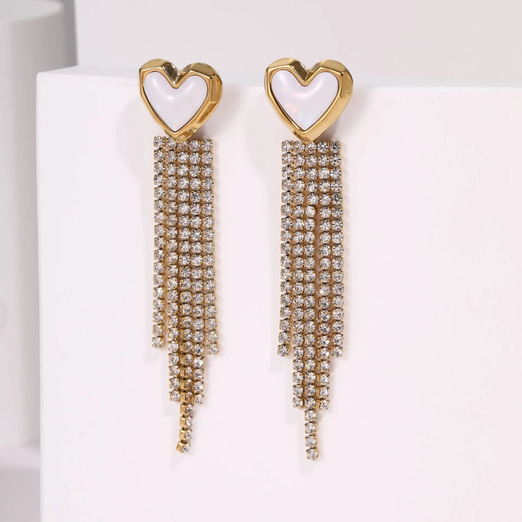 Women's stainless steel heart earrings with diamond tassel and 18K gold electroplated finish