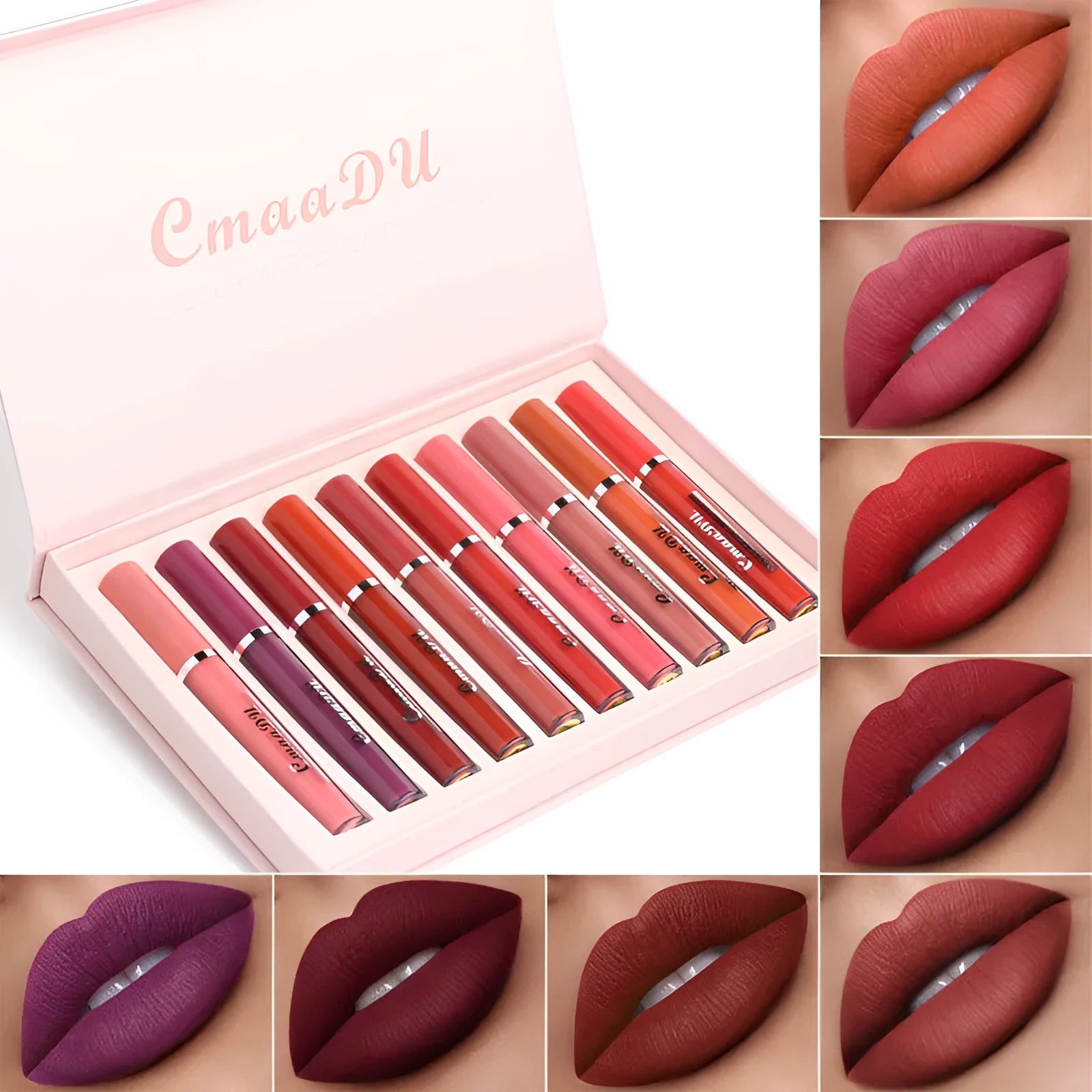 10-pack of women's non-stick cup waterproof matte lipstick in photo colour, each 3g stick with matte finish in compact packaging