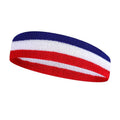 Colourful elasticated sports headband for adults, shown in multiple colour combinations, laid flat to show 5.5cm by 20cm dimensions.