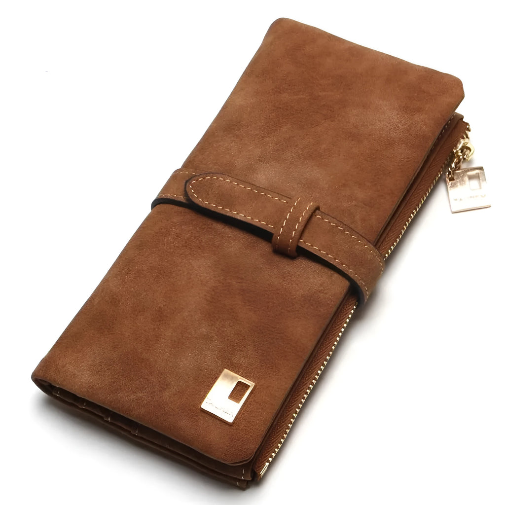 Korean retro style long wallet in soft PU leather with decorative lock and zip closure