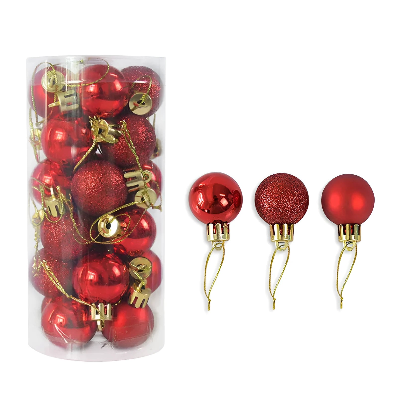 Shiny matte gold and red plastic Christmas baubles in 3cm and 6cm sizes for tree decorating.