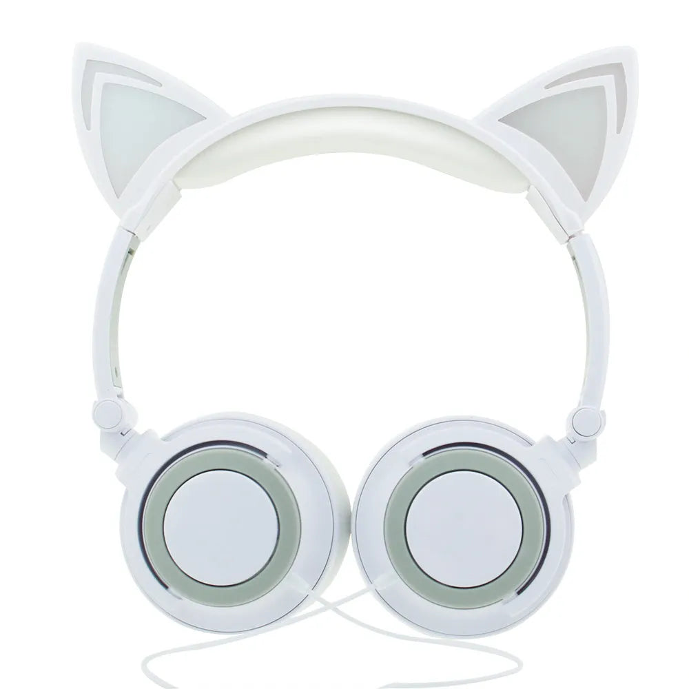 LED illuminated cat ear headphones showing lights on ears and cushions, available in multiple colours