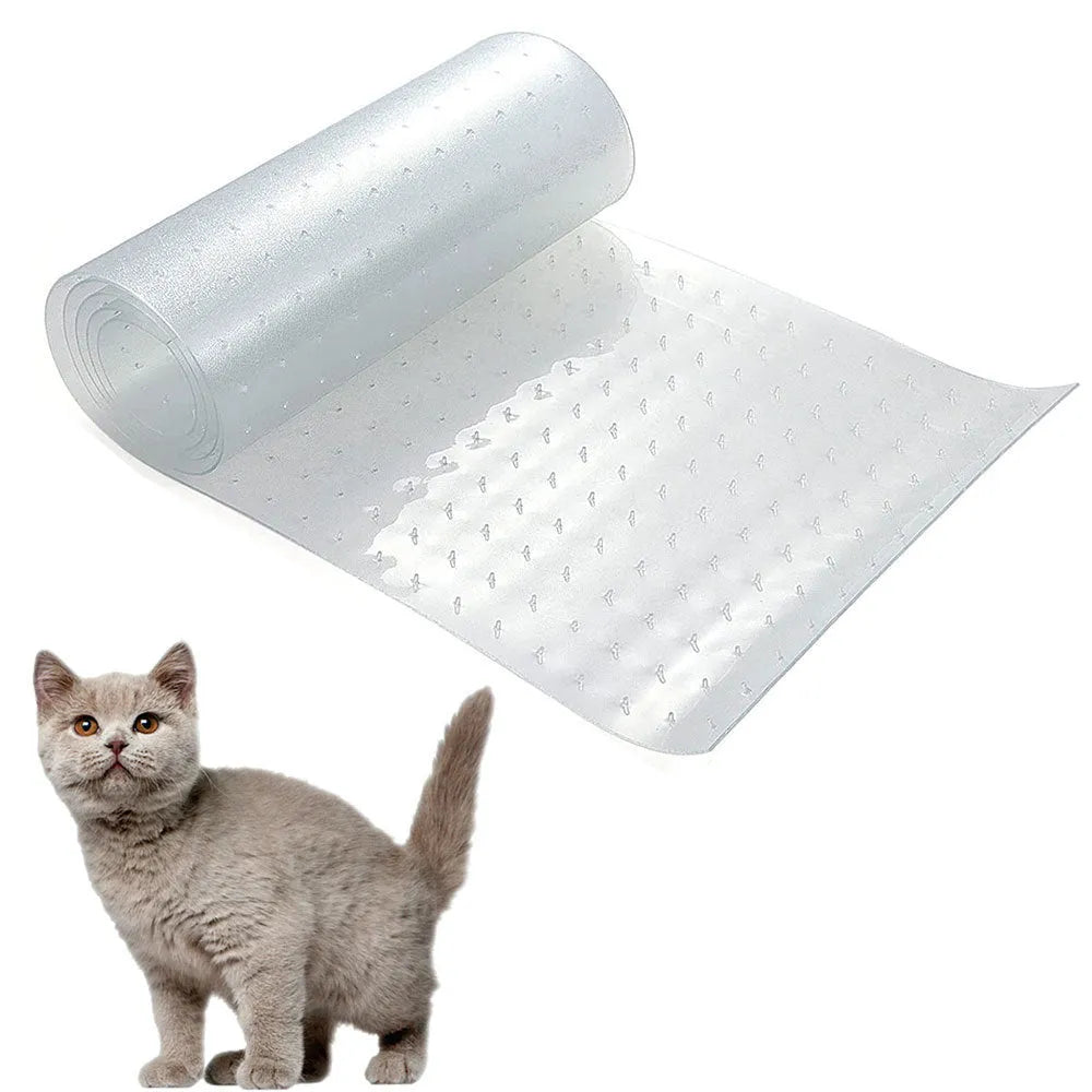 Transparent PVC cat scratch protective pad on a carpet at a door threshold, featuring anti-scratch wear-resistant surface