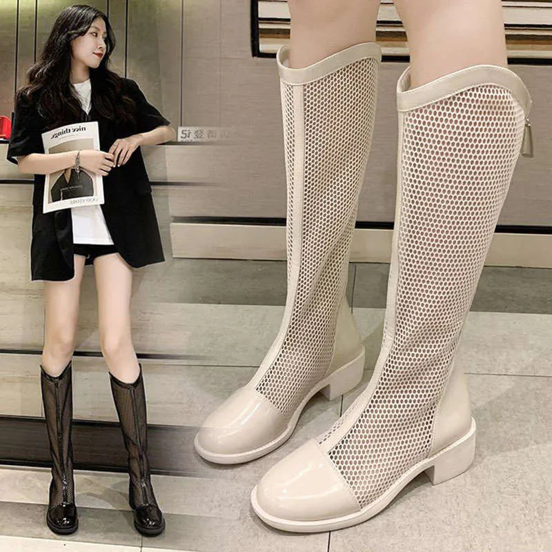 Women's thin mesh long skinny knight boots in black with square heel and back zipper
