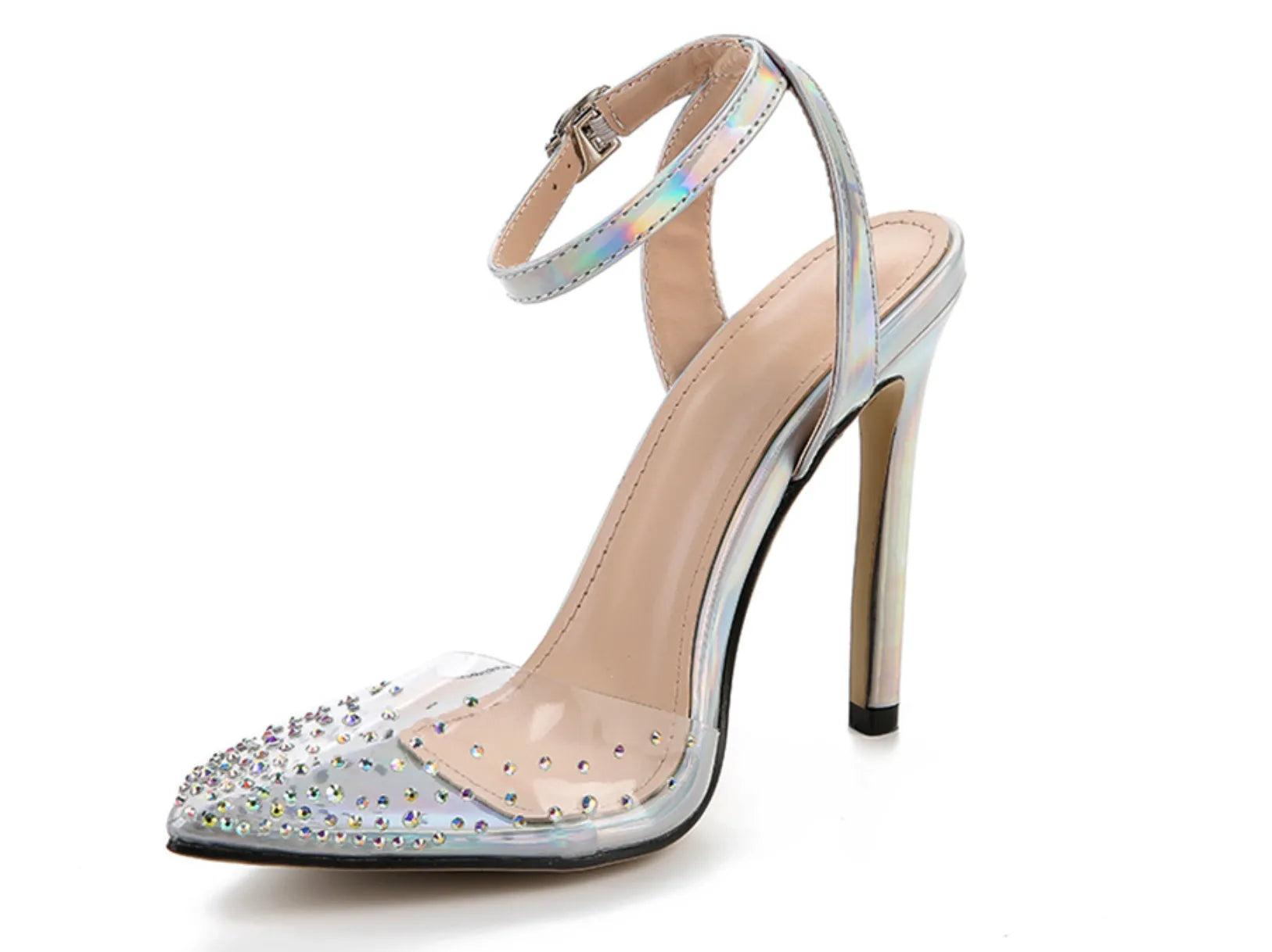 Women's pointed toe diamond sandals with a stiletto heel and PVC upper, shown in available sizes.